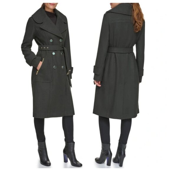 Guess Belted Wool Blend Trench Coat Dark Olive